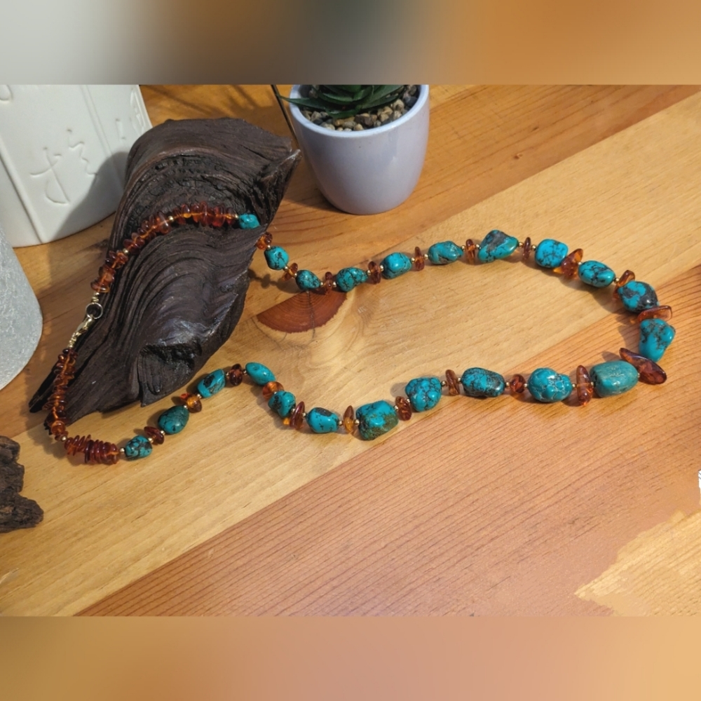 Turquoise & Amber-toned Beaded Necklace